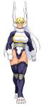  1girl absurdres alternate_costume animal_ears ass_visible_through_thighs boku_no_hero_academia breasts clenched_hands commission crescent_print dark-skinned_female dark_skin frown full_body fur_collar gloves gutsbro highleg highleg_leotard highres large_breasts leotard long_hair mirko muscular muscular_female purple_thighhighs rabbit_ears rabbit_girl red_eyes solo thigh_gap thighhighs thighs two-tone_leotard very_long_hair white_background white_gloves white_hair white_leotard yellow_mask 