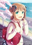  amami_haruka bag blush brown_hair cardigan character_name cherry_blossoms doseki_udon finger_to_mouth green_eyes hair_ribbon happy_birthday idolmaster idolmaster_(classic) necktie petals plaid plaid_skirt ribbon school_bag school_uniform short_hair skirt smile solo 