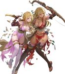  2girls armpits blonde_hair bow_(weapon) breasts brown_thighhighs cleavage dagger damaged dark-skinned_female dark_skin earrings ekao fire_emblem fire_emblem:_the_binding_blade fire_emblem:_the_blazing_blade fire_emblem_heroes hair_ornament highres holding holding_bow_(weapon) holding_dagger holding_knife holding_weapon igrene_(fire_emblem) igrene_(sworn_protector)_(fire_emblem) jewelry knife large_breasts lipstick long_hair looking_at_viewer louise_(fire_emblem) louise_(sworn_protector)_(fire_emblem) makeup medium_breasts multiple_girls necklace non-web_source official_alternate_costume official_art one_eye_closed pelvic_curtain red_lips red_thighhighs tassel tassel_hair_ornament thighhighs torn_clothes weapon yellow_eyes 