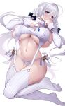  1girl alternate_costume azur_lane bare_shoulders blue_eyes blush breasts closed_mouth detached_sleeves full_body hair_ornament highres huge_breasts illustrious_(azur_lane) long_hair long_sleeves meme_attire mole mole_under_eye navel panties sideboob simple_background smile solo stomach thighhighs thighs underboob underwear very_long_hair virgin_destroyer_sweater wee_(weeyy) white_background white_hair white_panties white_thighhighs 