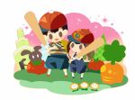  2boys baseball_bat baseball_cap blue_overalls blue_shorts blush_stickers carrot flower hat hitofutarai holding holding_baseball_bat looking_at_another magicant male_focus mother_(game) mother_2 multiple_boys ness_(mother_2) open_mouth overalls red_headwear short_hair shorts sideways_hat solid_oval_eyes time_paradox tomato 