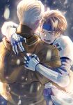  2boys armor belt brown_hair character_request crying denim_powell gloves headband highres hug male_focus miyama_(lacrima01) multiple_boys open_mouth short_hair signature simple_background snowing tactics_ogre white_hair 