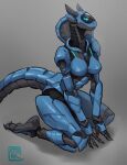 anthro black_body blue_body blue_eyes breasts colored ethrk female full-length_portrait kneeling machine portrait reptile robot scalie screen screen_face simple_background snake solo synthetic tail