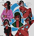 2024 3_fingers abs alien angry anthro artist_name athletic athletic_anthro athletic_female bar_emanata bathrobe bedroom_eyes black_clothing black_hair black_shirt black_t-shirt black_topwear black_underwear blue_background blue_bikini_top blush breasts bust_portrait cleavage clothed clothing coffee_mug collarbone covering covering_breasts covering_crotch covering_self cybernetic_eye cybernetics cyborg dialogue digital_drawing_(artwork) digital_media_(artwork) electronic_arts electronics embarrassed english_text exclamation_point eyebrow_through_hair eyebrows female fingers glistening glistening_body green_eyes grey_background grox_(spore) hair half-length_portrait hand_behind_head headgear headphones headset hi_res logo looking_at_viewer machine maxis_(ea) meme military_helmet military_jacket mostly_nude mouth_closed mug multiple_poses narrowed_eyes open_mouth pink_bathrobe pointy_speech_bubble portrait pose question_mark red_body robe seductive sharp_teeth shirt shycarp side_cut simple_background smile solo speech_bubble spore_(game) t-shirt talking_to_viewer teeth text text_on_mug thousand_yard_stare three-quarter_portrait topless topless_anthro topless_female topwear translucent translucent_hair underwear yelling