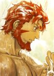  absurdres bara beard facial_hair fate/grand_order fate_(series) from_side full_beard hand_up highres iskandar_(fate) lu_sheng_(qdc7d5a22frtytw) male_focus mature_male muscular muscular_male nude pectorals portrait profile red_hair short_hair showering thick_beard thick_eyebrows wet wet_hair wide-eyed wrinkled_skin 