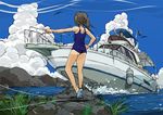  1girl aoi_zero ass bird black_hair boat cloud day facing_away from_behind grass hand_on_hip highres ocean one-piece_swimsuit original outdoors outstretched_arm rock school_swimsuit sky standing swimsuit twintails water watercraft yacht 