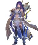  1girl akka altina_(fire_emblem) altina_(unrivaled_dawn)_(fire_emblem) axe bare_shoulders breasts clothing_cutout dual_wielding earrings fire_emblem fire_emblem:_radiant_dawn fire_emblem_heroes hair_tie highres holding holding_axe jewelry large_breasts long_hair looking_at_viewer navel navel_cutout non-web_source official_alternate_costume official_art pelvic_curtain purple_eyes purple_hair smile solo tachi-e very_long_hair 