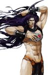  arm_blade freer highres horns jojo_no_kimyou_na_bouken kars_(jojo) loincloth long_hair male_focus muscle purple_hair solo stone_mask_(jojo) weapon 