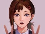  1girl absurdres asaki_illust blurry blurry_foreground brown_eyes brown_hair chainsaw_man collared_shirt double_v hair_ornament hairclip higashiyama_kobeni highres jacket looking_at_viewer mole mole_under_eye mole_under_mouth multiple_moles shirt short_ponytail single_sidelock solo suit_jacket sweat v white_shirt 