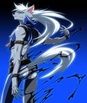  ass blue_background blue_eyes fang from_behind highres ink long_hair looking_at_viewer looking_back male_focus precure smile_precure! solo tail torn_clothes wauwa werewolf white_hair wolf_tail wolfrun 