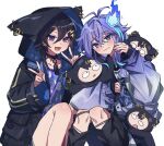  2boys :3 androgynous animal_ear_hood antenna_hair black_hair black_nails blue_hair blush coat collar creepyday double_v earrings gradient_hoodie hair_between_eyes hair_ornament holostars hood hooded_coat jewelry kanade_izuru kanade_izuru_(1st_costume) knees_up lightning_bolt_hair_ornament lightning_bolt_symbol long_hair looking_at_viewer male_focus minase_rio minase_rio_(1st_costume) multicolored_hair multiple_boys multiple_earrings open_clothes open_coat open_mouth pants purple_eyes purple_hair short_hair shorts sitting slit_pupils smile spiked_collar spikes torn_clothes torn_pants v virtual_youtuber white_background 