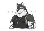 anthro biceps black_and_white_fur blush canid canine canis clothing domestic_dog green_eyes husky lifewonders live_a_hero male mammal monomasa muscular muscular_anthro muscular_male nordic_sled_dog pecs red_sclera shirt solo spitz tank_top topwear yakiemon
