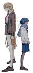  2girls arm_at_side back-to-back blonde_hair blue_hair blue_skirt brown_footwear brown_jacket brown_skirt clenched_hand closed_mouth collared_shirt colored_skin expressionless from_side full_body height_difference highres jacket long_hair long_legs long_sleeves looking_ahead messy_hair miniskirt multiple_girls naotin3333 necktie open_clothes open_jacket original pink_necktie pink_skin pleated_skirt profile purple_scarf red_eyes scarf shirt shoes short_hair simple_background skinny skirt standing sweater unfinished v_arms very_long_hair white_background white_shirt white_sweater 