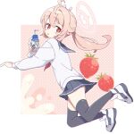  1girl antenna_hair bad_id bad_twitter_id black_thighhighs blue_archive blue_sailor_collar blue_skirt blush blush_stickers border drink food from_below from_side fruit full_body hair_between_eyes halo highres holding holding_drink juice_box jumping long_hair long_sleeves looking_at_viewer looking_back miniskirt natsu_(blue_archive) open_mouth outside_border pink_hair pink_halo pleated_skirt polka_dot polka_dot_background ponytail red_eyes sailor_collar school_uniform serafuku shirt sidelocks simple_background skirt solo strawberry syumi080 thighhighs white_border white_footwear white_shirt zettai_ryouiki 