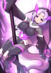  1girl armor azure_striker_gunvolt black_bodysuit blush bodysuit breasts elise_(gunvolt) inumaru75707951 large_breasts long_hair purple_eyes purple_hair solo stripper_pole tail 