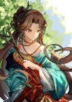 1girl :o absurdres bare_shoulders blue_sky branch brown_eyes brown_hair chinese_hairpin chiupoty dress facial_mark forehead_mark green_sleeves hair_intakes hair_ornament highres holding holding_branch horse_statue jiu_niangzi long_hair looking_at_object looking_to_the_side off_shoulder red_dress reverse:1999 sky solo statuette tree turning_head upper_body very_long_hair weibo_logo weibo_username wide_sleeves 