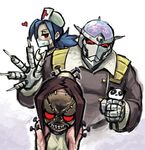  2girls annoyed bad_id bad_pixiv_id black_sclera blade blue_hair blush brain_drain_(skullgirls) brown_hair closed_eyes coat happy hat heart kimura_senri mask multiple_girls nurse nurse_cap painwheel_(skullgirls) panda ponytail red_eyes scar skullgirls smile stitches stuffed_animal stuffed_toy surgical_mask syringe teddy_bear teeth valentine_(skullgirls) veins 