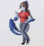 anthro arm_feathers blue_body blue_feathers blue_highlights blue_scales bottomwear breasts brown_hair clothing dinosaur dromaeosaurid feathered_crest feathered_dinosaur feathers female footwear freckles gesture hair hand_on_hip head_crest hi_res highlights_(coloring) i_wani_hug_that_gator jenine_(iwhtg) jersey long_hair long_tail looking_at_viewer napkinbot one_eye_closed pants ponytail pose pupils red_eyes reptile scales scalie shirt shoes simple_background slit_pupils smile smiling_at_viewer sneakers snout solo standing tail tail_feathers theropod thumbs_up tomboy topwear velociraptor