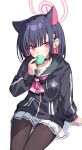  1girl animal_ears black_choker black_hair black_jacket blue_archive blush cat_ears choker colored_inner_hair extra_ears food hair_ornament hairclip halo highres hood hood_down hooded_jacket jacket kazusa_(blue_archive) long_sleeves macaron multicolored_hair pink_hair pink_halo red_eyes short_hair simple_background solo white_background zoirun 