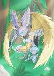  absurdres armor black_scarf blue_hair claws digimon douglas_(douglasps) feathered_wings highres mask scarf shutumon wings 