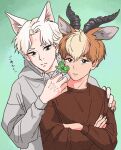  2boys animal_ears apologizing blonde_hair brown_shirt clover crossed_arms deer_boy deer_ears drawstring four-leaf_clover frown giving green_background grey_hoodie hand_on_another&#039;s_shoulder hands_up highres holding hood hood_down hoodie horns long_sleeves looking_at_viewer male_focus mononoke_hime moro_no_ichizoku multicolored_hair multiple_boys orange_hair personification rikaco1988 shirt short_hair sweat two-tone_hair upper_body white_hair wolf_boy wolf_ears yakul 