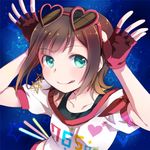  :q amami_haruka brown_hair doseki_udon fingerless_gloves gloves green_eyes heart heart-shaped_eyewear idolmaster idolmaster_(classic) pentagram smile solo star star_(sky) street_hopper sunglasses tongue tongue_out 