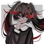  1girl 961_kku alternate_costume black_hair black_skirt crossed_bangs fake_horns gradient_hair hair_between_eyes highres horns long_hair long_sleeves lucia:_plume_(punishing:_gray_raven) lucia_(punishing:_gray_raven) multicolored_hair parted_lips punishing:_gray_raven red_eyes red_hair sidelocks skirt small_horns solo streaked_hair twintails 