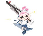  1girl :3 apron black_eyes blue_dress blue_footwear closed_mouth commentary_request dress dynamo_roller_(splatoon) full_body holding holding_weapon inkling inkling_girl maid_apron maid_headdress one_eye_closed pink_hair pointy_ears shoes short_hair simple_background socks solo spl8ya splatoon_(series) splatoon_2 standing star_(symbol) tentacle_hair weapon white_background white_socks 