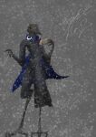 absurd_res ambiguous_gender anthro avian bird black_body black_sclera blue_cape calligraphy cape cape_only clothing corvid corvus_(genus) crescent_(shape) crow feathers hi_res lineless mostly_nude obelisk398 orange_pupils oscine passerine portrait postcard pupils shaded simple_background snow snowing solo star tail tail_feathers year