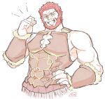  bara beard bracer cropped_torso facial_hair fate/grand_order fate_(series) full_beard grin highres iskandar_(fate) karasu_18-go large_hands large_pectorals looking_at_viewer male_focus mature_male muscular muscular_male muted_color pectoral_cleavage pectorals pointing pointing_at_viewer red_hair short_hair sidepec smile thick_beard thick_eyebrows 