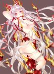  armpits arms_up breasts burnt_clothes clumeal fire flame fujiwara_no_mokou grey_background hair_ribbon highres long_hair medium_breasts mouth_hold nude ofuda pink_eyes pose ribbon silver_hair simple_background solo suspenders touhou tress_ribbon very_long_hair 
