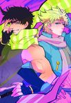  bad_id bad_pixiv_id black_hair blonde_hair blue_eyes blue_jacket caesar_anthonio_zeppeli facial_mark fingerless_gloves garo_(kaku179) gloves headband jacket jojo_no_kimyou_na_bouken joseph_joestar_(young) midriff multiple_boys scarf 