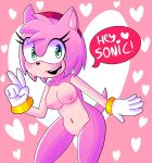 &lt;3 2023 accessory amy_rose anthro blush bodily_fluids breasts cjdrawslewd clothing english_text eulipotyphlan female genitals gloves gloves_only green_eyes handwear handwear_only headband hedgehog hi_res looking_at_viewer mammal medium_breasts mostly_nude navel nipples nude open_mouth pussy sega signature solo sonic_the_hedgehog_(series) sweat text
