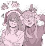  2girls ^_^ anger_vein animal_ear_hairband animal_ears bang_dream! bang_dream!_it&#039;s_mygo!!!!! blush chibi chibi_inset chihaya_anon chinese_commentary closed_eyes closed_mouth commentary_request crossed_arms fake_animal_ears fake_antlers fake_facial_hair fake_mustache fang glasses greyscale hat highres long_hair long_sleeves merry_christmas mixed-language_commentary monochrome multiple_girls nagasaki_soyo novelty_glasses open_mouth santa_hat sidelocks simple_background skin_fang smile squiggle sweater tin_g upper_body w 