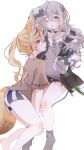  2girls absurdres ahoge animal_ears barefoot black_choker black_hair black_shorts blonde_hair choker fox_ears fox_girl fox_tail grey_eyes grey_hair grey_socks hair_between_eyes highres hololive lion_ears lion_girl lion_tail long_hair long_sleeves looking_at_viewer moko_nplb multicolored_hair multiple_girls omaru_polka one_eye_closed open_mouth ponytail profile purple_eyes shishiro_botan shorts sleeves_past_fingers sleeves_past_wrists socks streaked_hair tail thighs virtual_youtuber white_background 