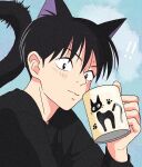  ! !! 1boy animal_ears black_hair black_shirt blue_background cat_boy cat_ears cat_tail character_print closed_mouth cup from_side hand_up highres holding holding_cup jiji_(majo_no_takkyuubin) long_sleeves looking_to_the_side majo_no_takkyuubin male_focus mug personification print_mug rikaco1988 shirt short_hair solo tail tail_raised upper_body 