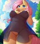 2024 anthro areola blurred_background blush breasts clothing cloud cutie_mark digital_media_(artwork) equid equine eyebrows eyelashes female fingers fluttershy_(mlp) friendship_is_magic genitals hair hasbro hi_res looking_at_viewer mammal my_little_pony navel nipples outside pussy solo text twistedscarlett60 url