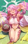  1girl ;d absurdres blush born-to-die breasts cake commentary covered_nipples english_commentary food hair_between_eyes halo highres jibril_(no_game_no_life) large_breasts leg_tattoo long_hair looking_at_viewer low_wings midriff navel no_game_no_life one_eye_closed open_mouth pink_hair sitting smile solo stomach tattoo thighs v very_long_hair wariza white_halo white_wings wing_ears wings yellow_eyes 