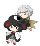  &gt;_&lt; 2others absurdres androgynous ascot baila_kuangzi barefoot black_coat black_eyes black_hair black_headwear black_shirt black_shorts blush_stickers brown_ascot brown_coat chibi chinese_commentary coat collared_shirt commentary_request detached_sleeves enraku_tsubakura green_hakama green_trim grey_hair hakama hakama_short_skirt hakama_skirt hat heart highres houlen_yabusame japanese_clothes layered_sleeves len&#039;en long_sleeves medium_hair multiple_others neck_ribbon no_mouth no_nose other_focus puffy_short_sleeves puffy_sleeves purple_trim red_ribbon ribbon shirt short_hair short_over_long_sleeves short_sleeves shorts simple_background skirt sleeveless sleeveless_coat sleeveless_shirt sleeves_past_fingers sleeves_past_wrists socks solo two-sided_fabric two-sided_headwear white_background white_shirt white_sleeves white_socks 