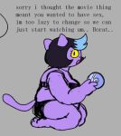:o anarchoblues anthro black_bra black_clothing black_hair black_underwear bra catty_(undertale) clothed clothing dialogue domestic_cat dvd english_text eyelashes felid feline felis female fur grey_background hair highlights_(coloring) mammal open_mouth overweight overweight_female purple_body purple_ears purple_fur purple_tail short_hair simple_background sitting_on_knees solo tail text thick_thighs undertale_(series) underwear underwear_only yellow_sclera