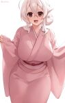 1girl :d ahoge blush breasts brown_eyes commentary fang hair_between_eyes highres iwbitu japanese_clothes kimono large_breasts long_sleeves looking_at_viewer nyopu obi open_mouth original pink_kimono sash simple_background skin_fang smile solo thick_eyebrows twitter_username white_background white_hair wide_sleeves 