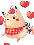  animal_focus apron artist_name black_eyes cherry colored_skin commentary_request food fruit hanabusaoekaki heart highres no_humans open_mouth pikachu plaid plaid_apron pokemon pokemon_(creature) simple_background sparkle tail whipped_cream white_background yellow_skin 