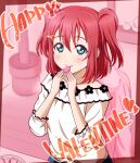  1girl blue_eyes blush collarbone eating hair_between_eyes hair_ornament happy_birthday happy_valentine heart heart_hair_ornament highres kurosawa_ruby long_hair love_live! love_live!_sunshine!! red_background red_hair shirt solo twintails twitter_username upper_body white_shirt yumechiku 