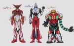  3others arm_blade arm_up armor asymmetrical_arms black_armor blue_eyes character_name clenched_hand clenched_hands crossover fusion getter-1 getter-2 getter-3 getter_robo green_eyes high_heels highres humanoid_robot mecha multicolored_armor multiple_others no_humans no_mouth open_hand open_hands outstretched_arms red_armor reference_sheet robot science_fiction shin_getter-1 shin_getter-2 shin_getter-3 simple_background sinita sketch spikes super_robot warframe weapon white_armor white_background yellow_armor 