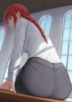  1girl absurdres ano_(gccx8784) ass braid braided_ponytail chainsaw_man closed_mouth highres indoors long_hair long_sleeves looking_back makima_(chainsaw_man) orange_eyes pantylines ringed_eyes shirt shirt_tucked_in sidelocks sitting smile solo white_shirt window 