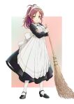  1girl absurdres aisha_greyrat alternate_breast_size antenna_hair apron black_dress breasts broom dress full_body green_eyes highres holding holding_broom large_breasts looking_at_viewer maid maid_apron maid_headdress medium_hair mushoku_tensei neck_ribbon open_mouth platform_footwear platform_heels ponytail red_hair ribbon rora_(user_vgpk4444) simple_background solo thighhighs white_ribbon white_thighhighs 