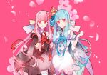  2girls a.i._voice artist_request black_dress blue_hair blue_rope blue_tassel blunt_bangs blush bow cherry_blossoms closed_mouth collared_dress curled_fingers detached_sleeves dot_nose dress falling_petals flat_chest flower_knot hair_bow hair_intakes hair_tie hand_up head_tilt highres index_finger_raised kotonoha_akane kotonoha_aoi large_bow long_hair looking_at_viewer low-tied_sidelocks multiple_girls official_art petals pink_background pink_hair purple_bow red_eyes red_rope red_tassel rope siblings side-by-side sisters sleeveless sleeveless_dress smile thighhighs very_long_hair voiceroid white_dress white_thighhighs wide_sleeves yagasuri yellow_bow 