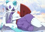 &lt;3 2024 absurd_res anthro ashraely biped blue_eyes breasts eyelashes female froslass generation_4_pokemon genitals hi_res looking_away lying navel nintendo on_side pokemon pokemon_(species) purple_body pussy solo white_body wide_hips