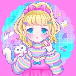  1girl absurdres blonde_hair blue_eyes blue_nails blue_sweater bow cat commission hair_bow hair_ornament hairclip heart high_ponytail highres long_hair multicolored_sweater open_mouth original pink_bow pink_sweater pinkmm skeb_commission solo striped_clothes striped_sweater sweater white_cat yellow_sweater 
