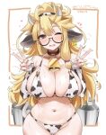  1girl animal_ears animal_print ayamo_kaoru bell belt belt_collar bikini black_bikini blonde_hair blush breasts brown_belt brown_eyes cleavage collar collarbone copyright_request cow_ears cow_girl cow_horns cow_print cow_tail cowbell double_v ear_tag elbow_gloves fingerless_gloves gloves heart highres horns jug_(bottle) large_breasts long_hair navel neck_bell o-ring one_eye_closed open_mouth round_eyewear semi-rimless_eyewear solo suggestive_fluid swimsuit tail two-tone_bikini v white_bikini 